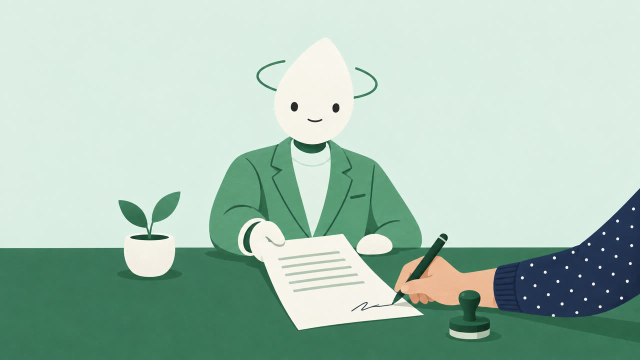 Ilustración: un agente de SeedLoop entrega un contrato y la mano de Carne y Hueso lo firma, con el sello de aprobación al lado.