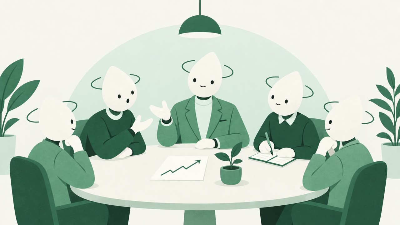 Ilustración: cinco agentes de SeedLoop, con cabeza de semilla, debaten alrededor de una mesa con una planta joven y una hoja con una línea que sube.