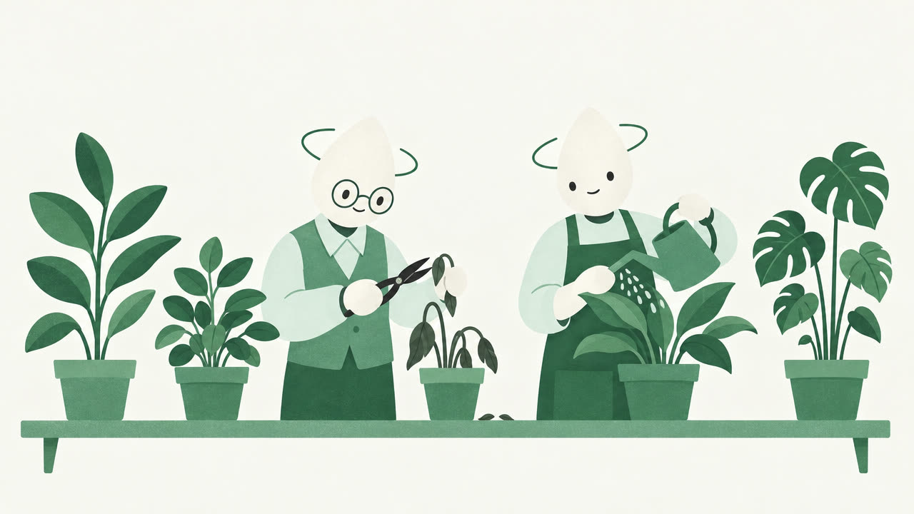 Ilustración: un agente poda con tijeras la única planta marchita de una estantería mientras otro riega las que crecen.